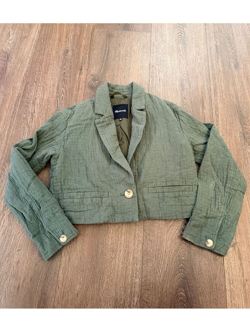 Madewell Cropped Linen Cotton Blazer XS Olive Green Jacket, Minimalist, Utility